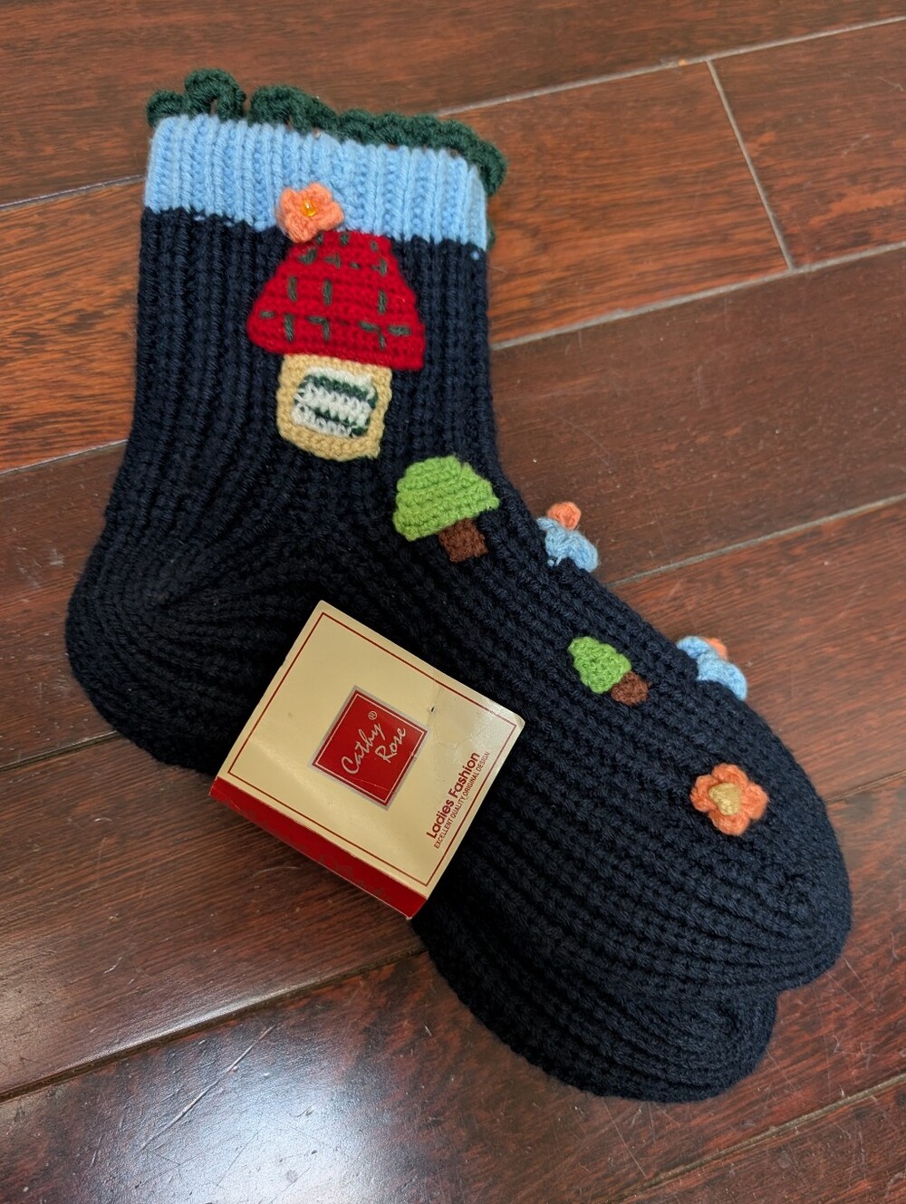 CUTE! Vintage Cathy Rose Mushroom Knit Slipper Socks 🍄 NOS NWT!